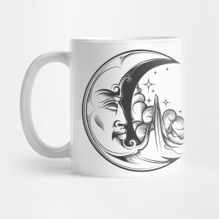 Crescent Moon with face Esoteric Symbol Engraving tattoo. Mug